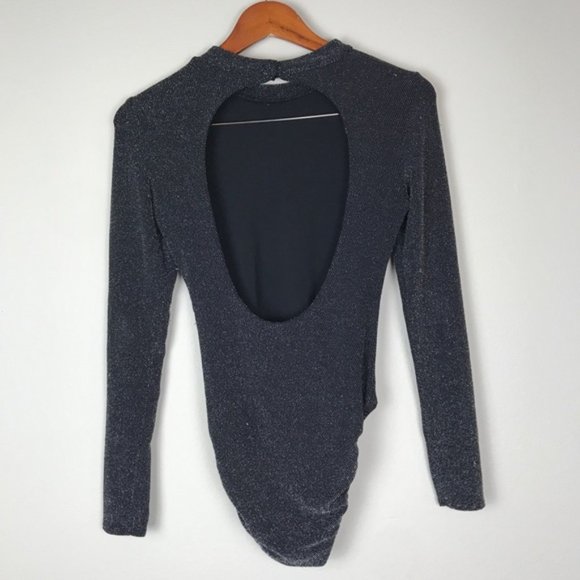 H&M Black Metallic Silver Mock Neck Open Back Long sleeve Bodysuit - Picture 4 of 4